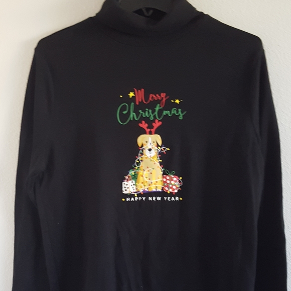 Merry Christmas Happy New Year Black Turtleneck - Picture 4 of 4